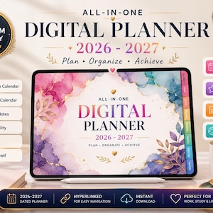 May include: A digital tablet displaying an all-in-one digital planner for 2026-2027 with a watercolor background in pink, purple, and blue. The screen shows the text All-In-One Digital Planner 2026-2027, Plan, Organize, Achieve, and side tabs.