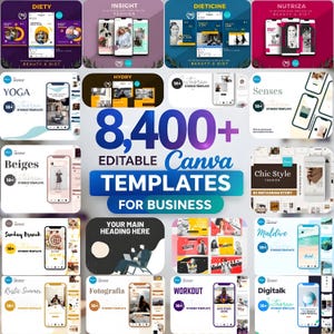 Può includere: Immagine promozionale che mostra una collezione di 8.400+ modelli Canva modificabili per aziende. L'immagine presenta vari mockup di smartphone con diversi temi, tra cui bellezza, moda, yoga e viaggi. I modelli sono progettati per le storie di Instagram.