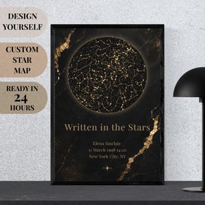 May include: A rectangular framed print featuring a black marble background with gold veining. A circular star map is centered at the top. Below the map, the text reads Written in the Stars, Elena Sinclair, 11 March 1998 14:20, New York City, NY.
