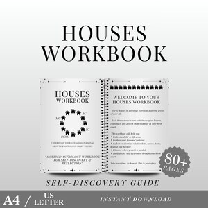 Könnte beinhalten: Ein offenes Arbeitsbuch mit dem Titel "HOUSES WORKBOOK" in Schwarz-Weiß-Design. Das Cover zeigt den Titel und einen Kreis aus Haus-Symbolen. Im Inneren enthalten die Seiten Text über Astrologie und Selbstfindung mit den Worten "SELF-DISCOVERY GUIDE".