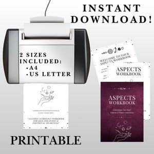 Könnte beinhalten: Ein Drucker druckt Seiten mit dem Titel "Aspects Workbook" mit Himmelsillustrationen. Der Text enthält "Sofort-Download!" und "Druckbar". Zwei Größen sind enthalten: A4 und US Letter. Das Arbeitsbuch dient der Selbstfindung und dem emotionalen Bewusstsein.
