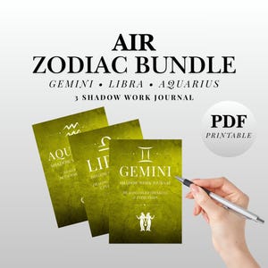 May include: A bundle of three green shadow work journals for the air zodiac signs: Gemini, Libra, and Aquarius. Each journal features zodiac symbols and the text "Shadow Work Journal". The image also includes the text "PDF Printable".