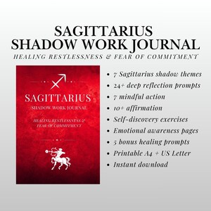 May include: A red Sagittarius Shadow Work Journal with white text and graphics. The journal's cover features the Sagittarius symbol and the words "SAGITTARIUS SHADOW WORK JOURNAL". The journal includes shadow themes, reflection prompts, and self-discovery exercises.