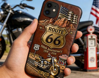 Cover per cellulare personalizzata con motivo Route 66 e design per il centenario della bandiera americana.