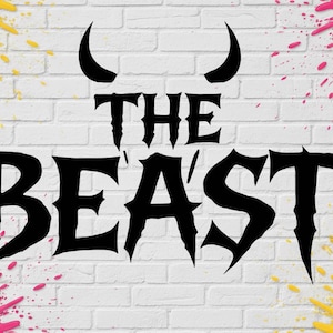 May include: A graphic design featuring the black text THE BEAST with two horns above the letters. The background is a white brick wall pattern accented with bright yellow and vibrant pink paint splatters in the four corners of the image.