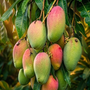 May include: A cluster of ripe mangoes hangs from a tree branch, showcasing a gradient of colors from green to red. The mangoes are oval-shaped and have a smooth skin. The leaves are a deep green, and the background is blurred.