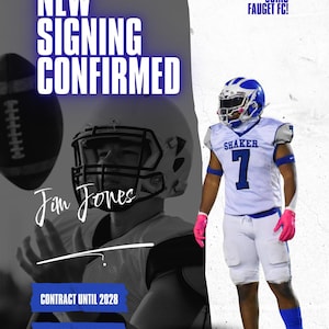 Può includere: Immagine promozionale per la firma di un giocatore di football. L'immagine presenta un giocatore di football in uniforme bianca e blu con il numero 7. Il testo include "NEW SIGNING CONFIRMED", "OFFICIALLY JOINS FAUGET FC!" e "CONTRACT UNTIL 2028".
