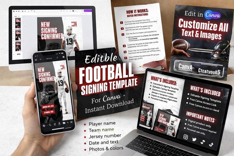 May include: A digital product advertisement for an editable football signing template for Canva. The image shows a phone, laptop, and computer screen displaying the template. The template includes player name, team name, jersey number, date, text, photos, and colors.
