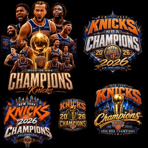 Può includere: Un design grafico che mostra i giocatori della squadra di basket New York Knicks con il trofeo Larry O'Brien e diversi loghi di campioni. Il testo include New York Knicks NBA Champions 2026, 2025-26 Champions e New York Forever.