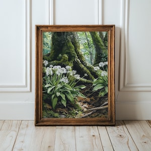 May include: A framed painting depicting a forest floor with clusters of white star-shaped flowers growing near the base of a large, moss-covered tree trunk. The artwork features deep green foliage, textured bark, and a dark, shaded woodland background.