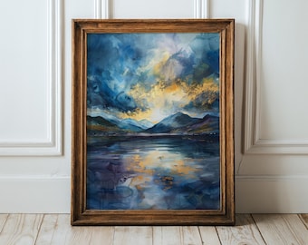 May include: A framed landscape painting featuring a dark blue and gold sky above a mountain range and a reflective body of water. The artwork uses deep indigo, navy, and bright yellow tones to depict a dramatic sunset over a calm lake surface.