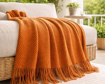 Chunky Boho Knit Wool Throw Blanket, Fringed Retro Autumn Bed & Sofa Decor