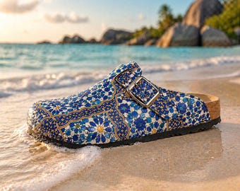 Sandalias marroquíes con estampado zellige, zuecos azules con mosaico, zapatos de playa bohemios para el verano.