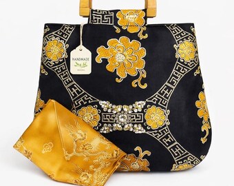 Handmade Top Handle Bag, Elegant Floral Handbag, Artisan Fabric Purse, Unique Designer Bag by Fabiola Piccioni