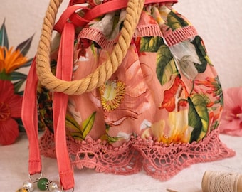 Handmade Top Handle Bag, Elegant Floral Handbag, Artisan Fabric Purse, Unique Designer Bag by Fabiola Piccioni