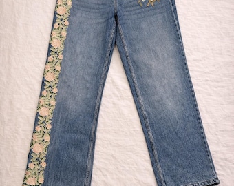 Hand Embroidered Jeans, Floral Denim Pants, Handmade Designer Jeans, Unique Altered Clothing by Fabiola Piccioni