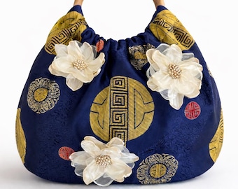 Handmade Top Handle Bag, Elegant Floral Handbag, Artisan Fabric Purse, Unique Designer Bag by Fabiola Piccioni