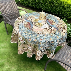 Woven Peacock Tapestry Tablecloth, French Country Round Table Cover, Indoor Outdoor Dining