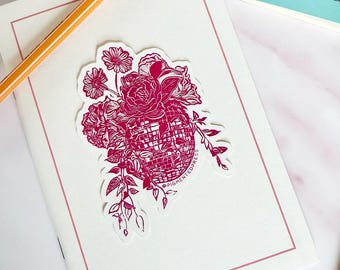 Floral Disco Ball Sticker – Girly Linocut Illustration, Retro Sticker