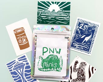 PNW Linocut Mini Prints Mystery Pack | Seattle, Bigfoot, Orca, Space Needle, Vitamin D Art