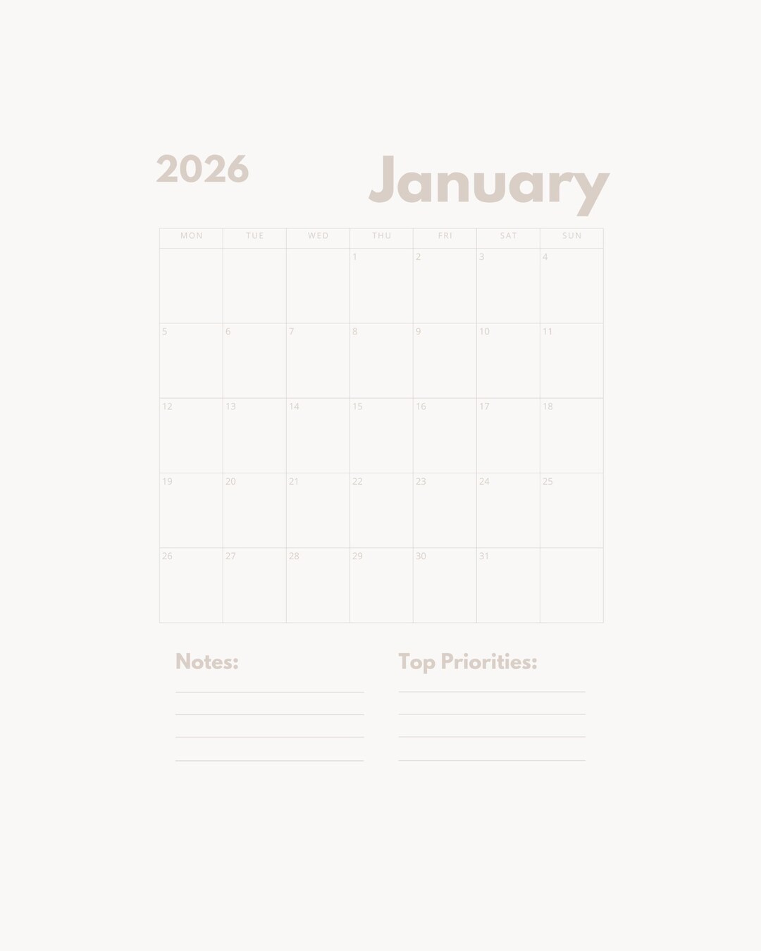 2026 Minimalist Earthy Monthly Planner, A4 Calendar, Notes Priorities ...