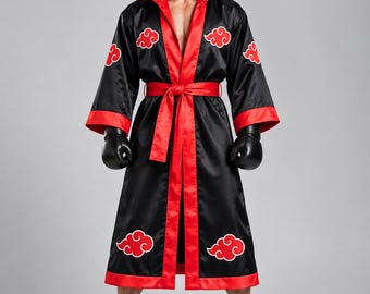 Custom Black Satin Boxing Robe, Red Cloud Embroidered Hooded Robe, Martial Arts Inspired Fightwear, Personalized Boxer Walkout Robe