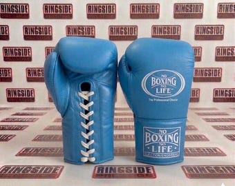 Personalized Blue Lace-Up Boxing Gloves – Genuine Leather Sparring Training Gear