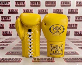 Personalized Yellow Leather Lace-Up Boxing Gloves – Pro Sparring Training Gear