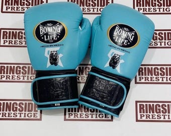 Genuine Leather Mexican Style Boxing Gloves – Light Blue & Black Training Sparring (Hook-and-Loop)