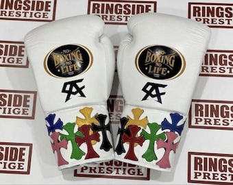 White Leather Boxing Gloves | Lace-Up Sparring Training Gear (Metallic Cross Detail)