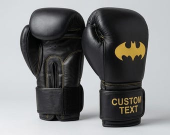 Custom Leather Boxing Gloves, Black Bat Logo, Personalized Text (Gift for Fighters)