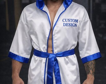 Custom White Blue Satin Boxing Robe – Personalized Hooded Fight Walkout Outfit