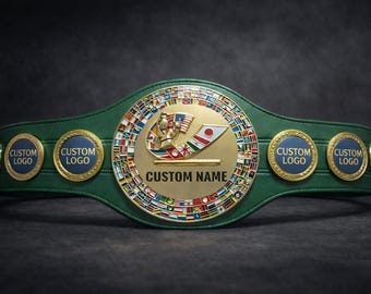 Custom Championship Boxing Belt, Personalized Name Plate, Green Leather Strap