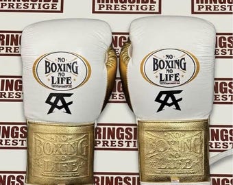 Custom Gold White Leather Boxing Gloves, Personalized Fight Gear (Customizable)