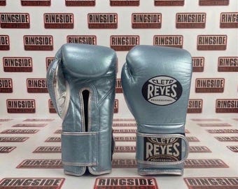 Guantes de boxeo profesionales de cuero azul hielo metalizado – Ribete cromado para sparring de Muay Thai y kickboxing