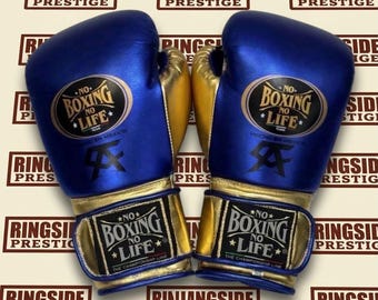 Mexicaanse stijl leren bokshandschoenen in blauw en goud met klittenbandsluiting. Trainingshandschoenen voor de bokszak, sparren, workout en vechtsport.