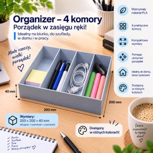 May include: A light blue desk organiser with four compartments, measuring 200 mm by 200 mm by 40 mm. The organiser contains sticky notes, pens, a charging cable, and markers. Text on the image includes "Organizer - 4 komory" and dimensions.