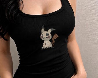 Schwarzes, geripptes Tanktop für Damen im Gothic-Emo-Grunge-Stil mit Pokémon-Print. Figurbetontes Crop-Top, Streetwear-Alternative, ärmelloses Sommertop im Y2K-Punk-Stil.