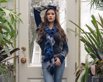 Recycled Cashmere Ruffle Scarf handdyed in blue . Ruffle scarf for cruisewear, resort, travel . boho style, Valentines  Day