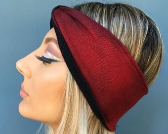 Cashmere reversible headband turban red  and black free shipping from Vintage Creations . Earwarmers , gift for her