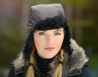 Leather Black Fur Aviator Hat lumberjack trapper hat Unisex Recycled from Vintage Creations, winter trapper hat, ski hat.