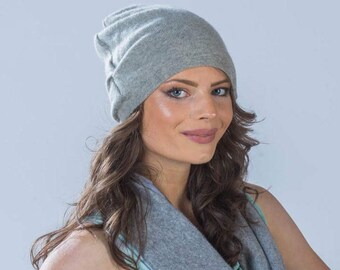 Gray Cashmere slouch beanie hat with side gather detail in grey  ready to ship from Vintage Creations