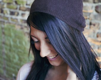 Cashmere side gathered hat in chocolate brown great for cycle beach lounge cancer patients