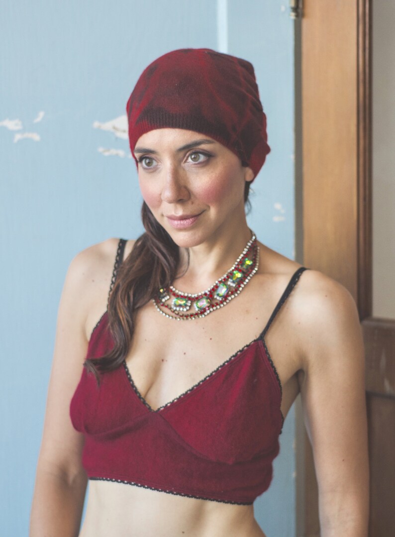 Red Cashmere beanie hat side gathered detail Vintage Creations Recycled Cashmere Ready to Ship Rustic Red great for cycle yoga beach