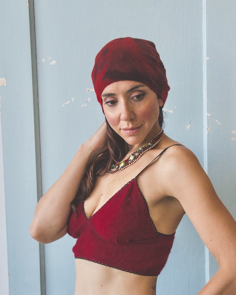 Red Cashmere beanie hat side gathered detail Vintage Creations Recycled Cashmere Ready to Ship Rustic Red great for cycle yoga beach