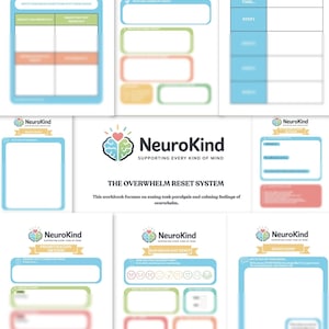Op de afbeelding: Een verzameling NeuroKind werkboeken met een blauw, groen en oranje kleurenschema. De werkboeken bevatten titels als "The Overwhelm Map", "End of Day Reset" en "Brain Dump". Het NeuroKind logo staat bovenaan elke pagina.