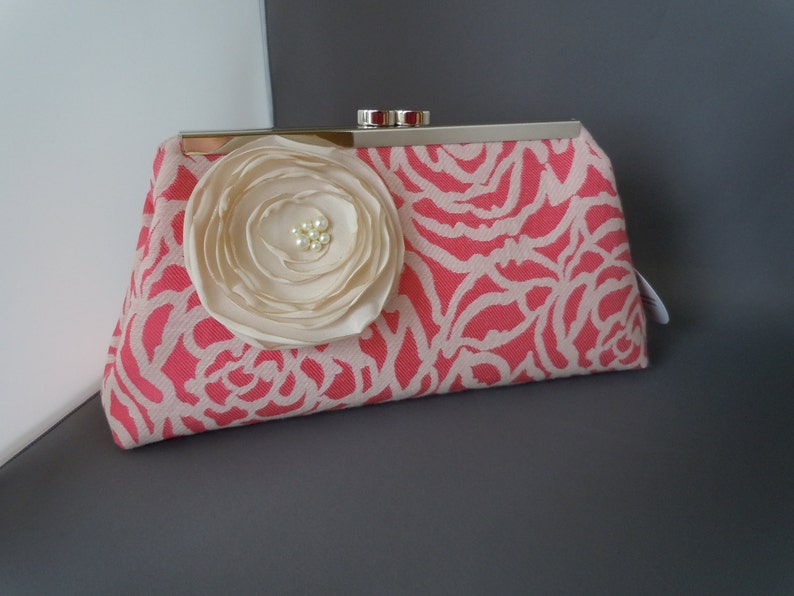 Coral and Ivory Bridesmaids Clutch, Wedding Clutch, Mother of the Bride Clutch image 2