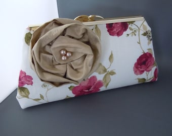 Rose Beige Taupe Gold Floral Wedding Bridal Clutch,  Bridesmaids Clutch, Prom Clutch, Evening Clutch