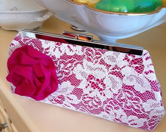 Fuchsia Silk and Lace Wedding Clutch, Pink and Lace Bridal Purse, Mother of the Bride Clutch, Romantic Wedding Clutch