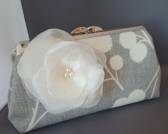 Grey and Ivory Wedding Clutch, Bridal Clutch, Prom Clutch